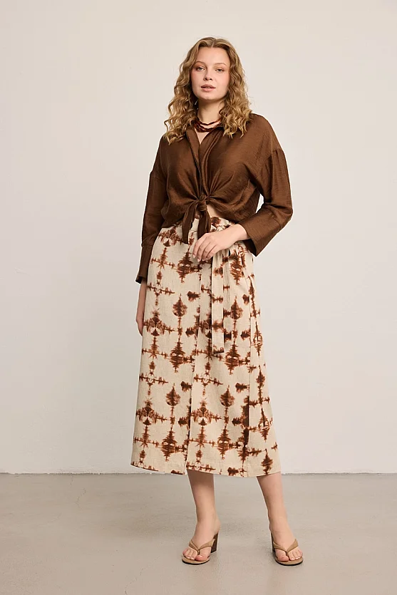 Butterfly Collection Patterned Linen Maxi Skirt - Brown - 6
