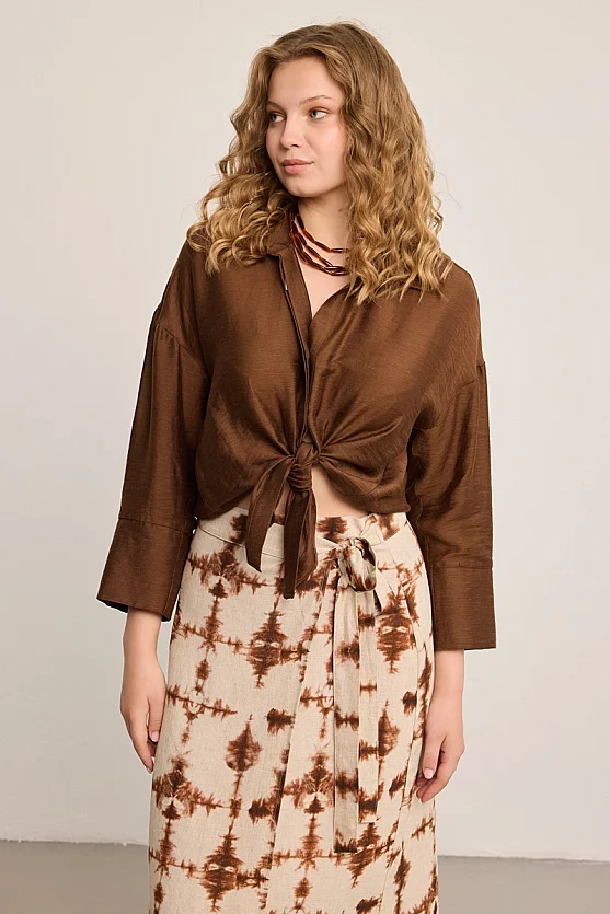 Butterfly Collection Patterned Linen Maxi Skirt - Brown - 8