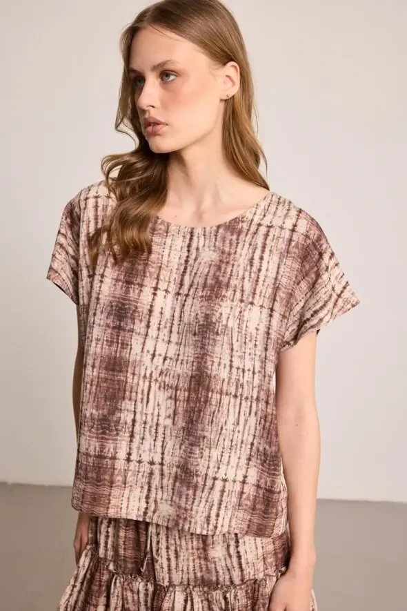 Butterfly Collection Round Neck Linen Blouse - Brown - 1