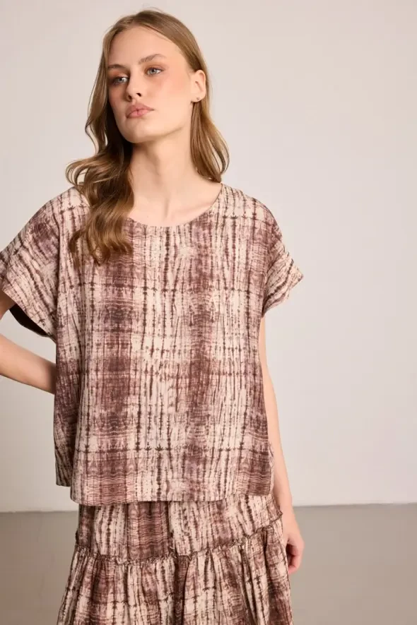 Butterfly Collection Round Neck Linen Blouse - Brown - 3
