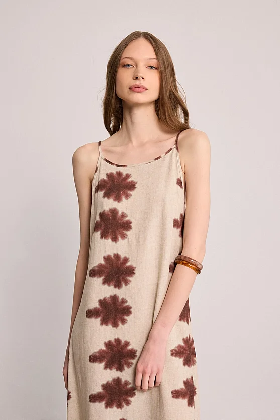Butterfly Collection Sleeveless Linen Dress - Beige - 2