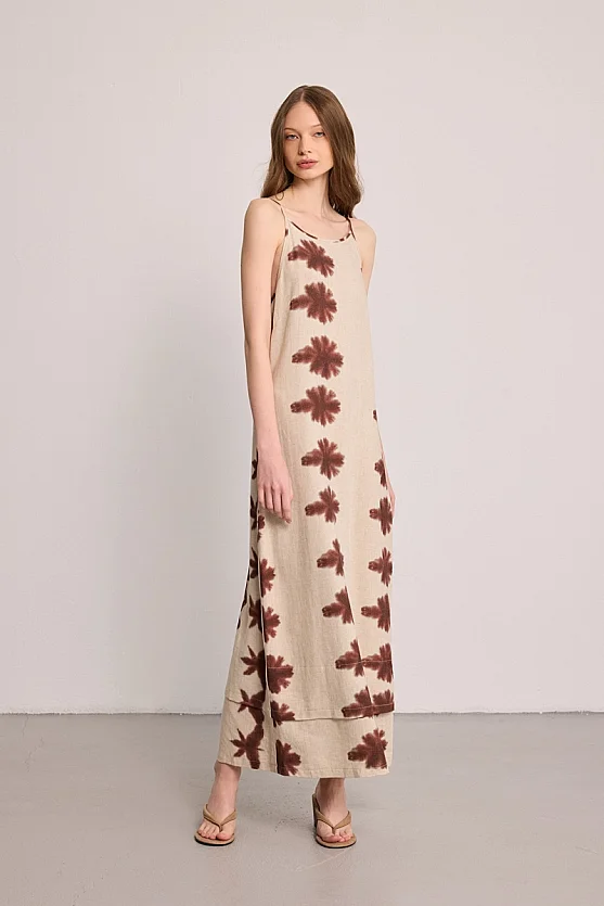 Butterfly Collection Sleeveless Linen Dress - Beige - 3