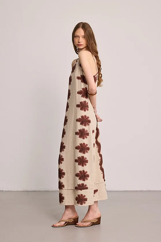 Butterfly Collection Sleeveless Linen Dress - Beige - 4