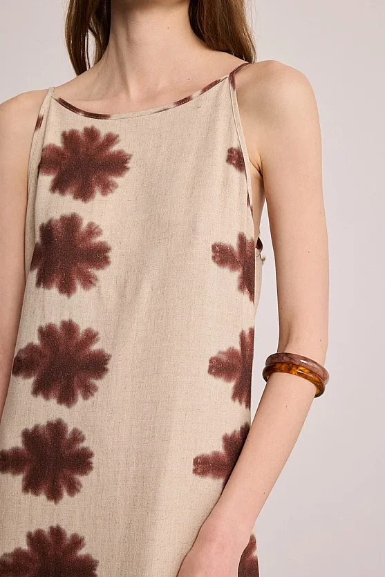Butterfly Collection Sleeveless Linen Dress - Beige - 5