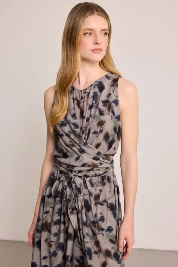 Butterfly Collection Tie-Waist Long Dress - Gray - Gusto