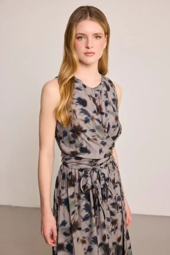 Butterfly Collection Tie-Waist Long Dress - Gray - Gusto