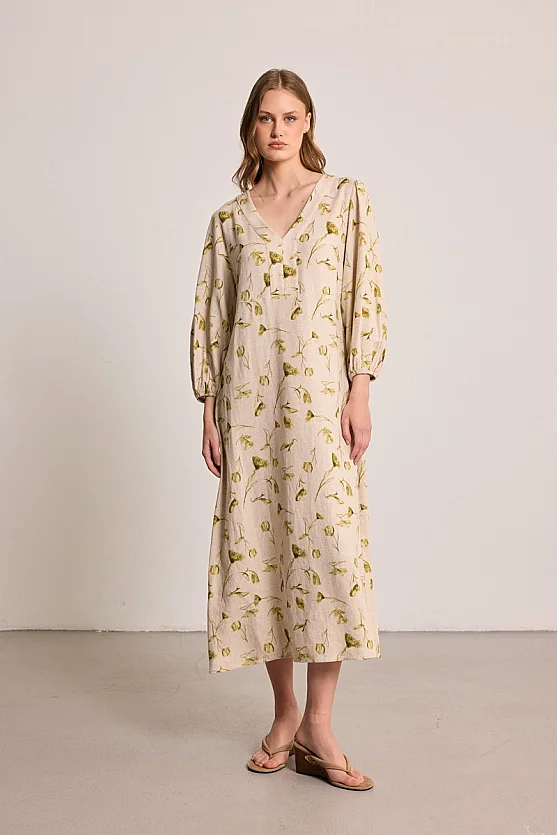 Butterfly Collection V-Neck Linen Maxi Dress - Beige - Gusto