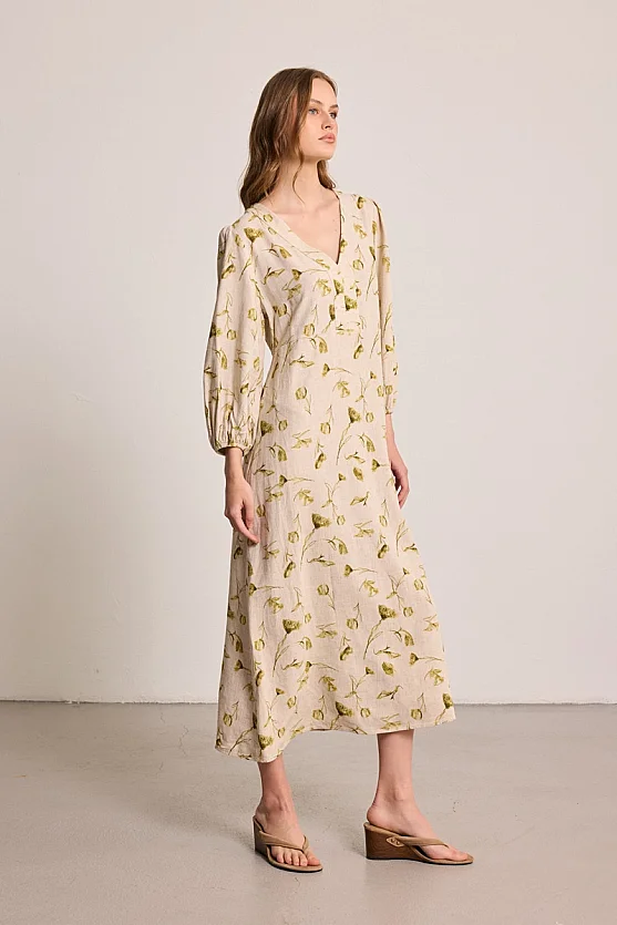 Butterfly Collection V-Neck Linen Maxi Dress - Beige - Gusto