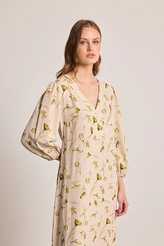 Butterfly Collection V-Neck Linen Maxi Dress - Beige - Gusto