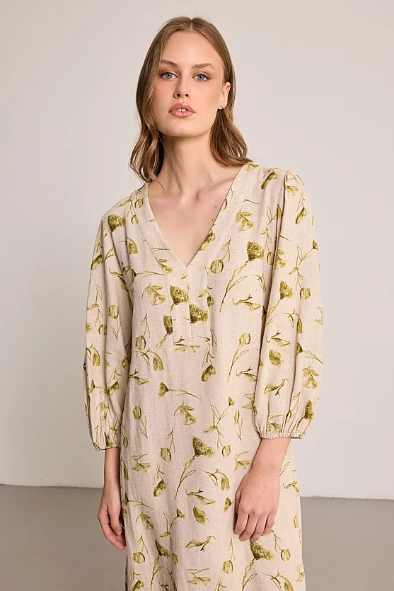 Butterfly Collection V-Neck Linen Maxi Dress - Beige - Gusto