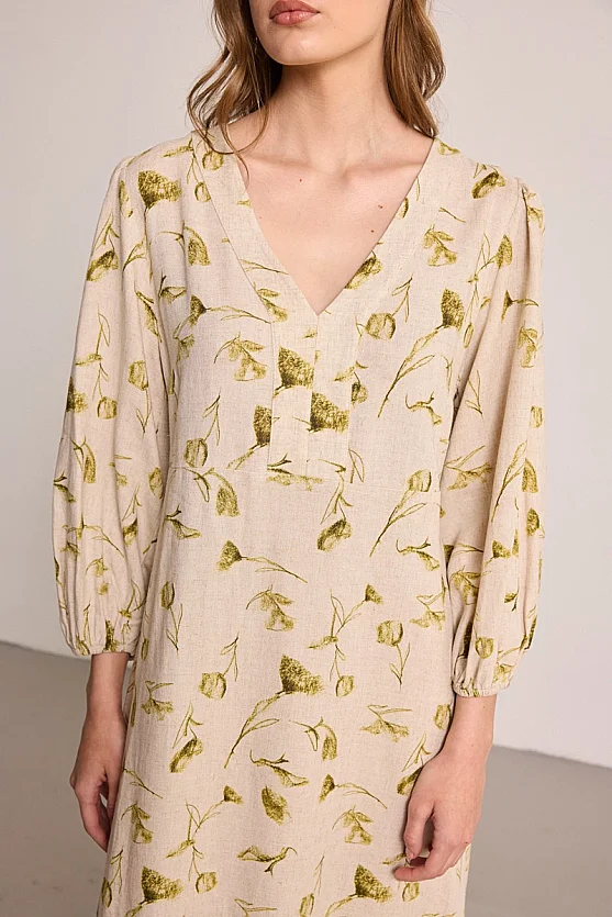 Butterfly Collection V-Neck Linen Maxi Dress - Beige - Gusto