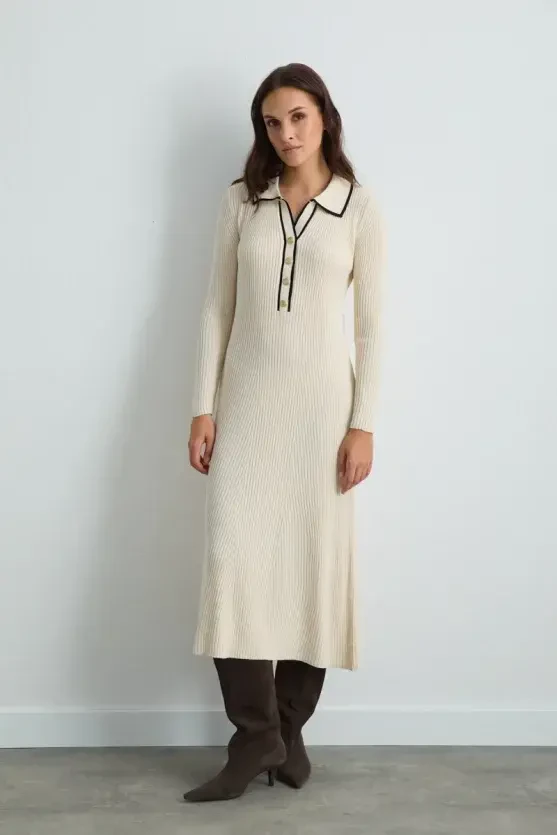 Button-Detail Polo Neck Knit Dress - Ecru - Gusto