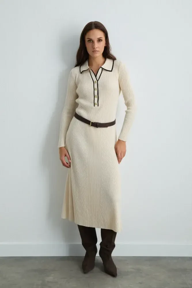Button-Detail Polo Neck Knit Dress - Ecru