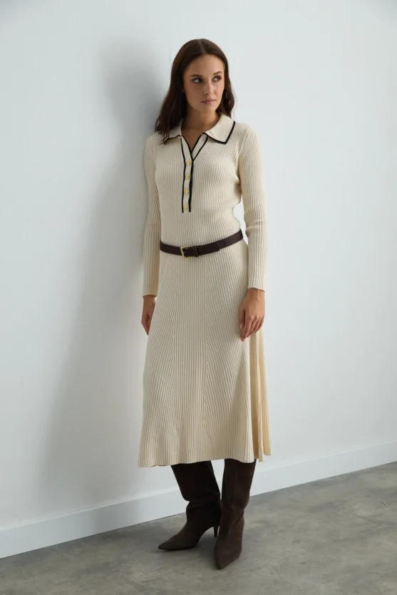 Button Detail Polo Neck Knit Dress Ecru - Gusto