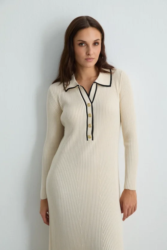 Button Detail Polo Neck Knit Dress Ecru - 8