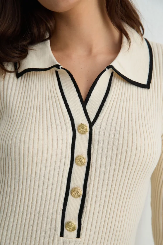 Button Detail Polo Neck Knit Dress Ecru - 9