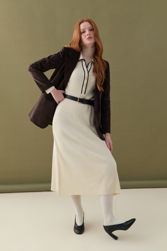 Button Detail Polo Neck Knit Dress Ecru - Gusto