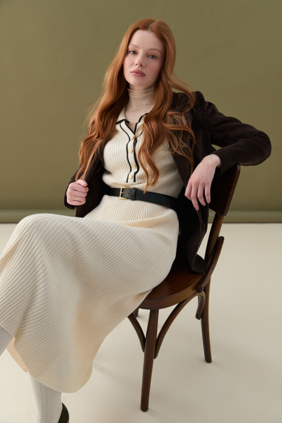 Button Detail Polo Neck Knit Dress Ecru - 3