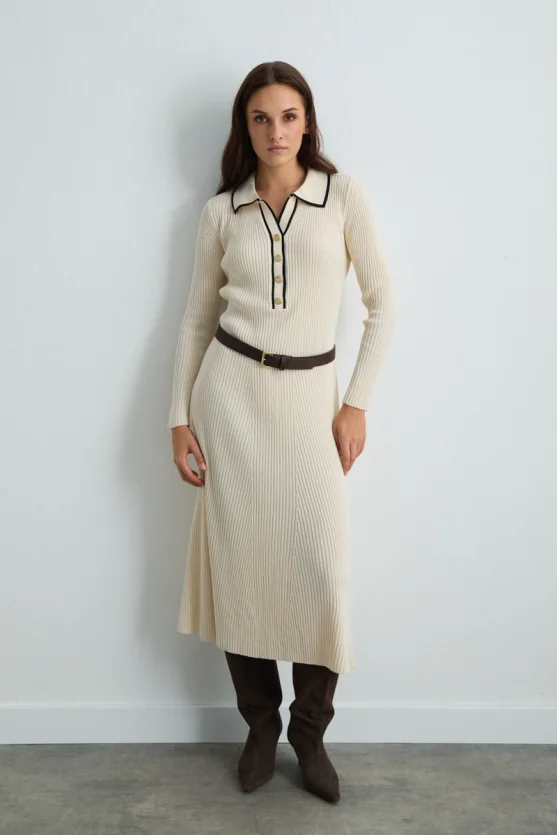 Button Detail Polo Neck Knit Dress Ecru - 1