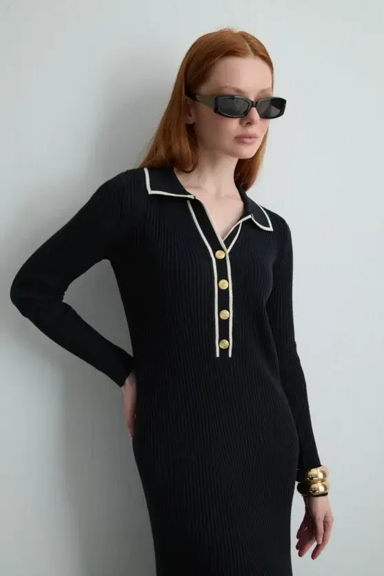 Button-Detail Polo Neck Knit Dress - Navy Blue - Gusto