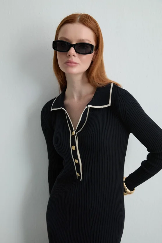 Button Detail Polo Neck Knit Dress Navy Blue - 2