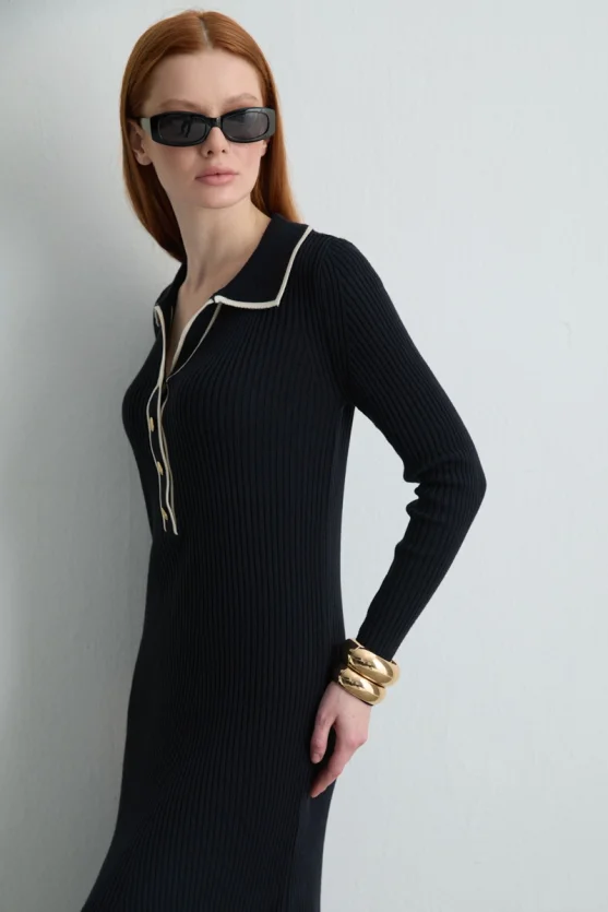 Button Detail Polo Neck Knit Dress Navy Blue - Gusto