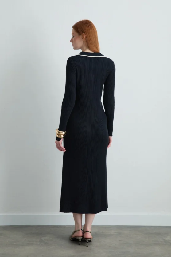 Button Detail Polo Neck Knit Dress Navy Blue - Gusto