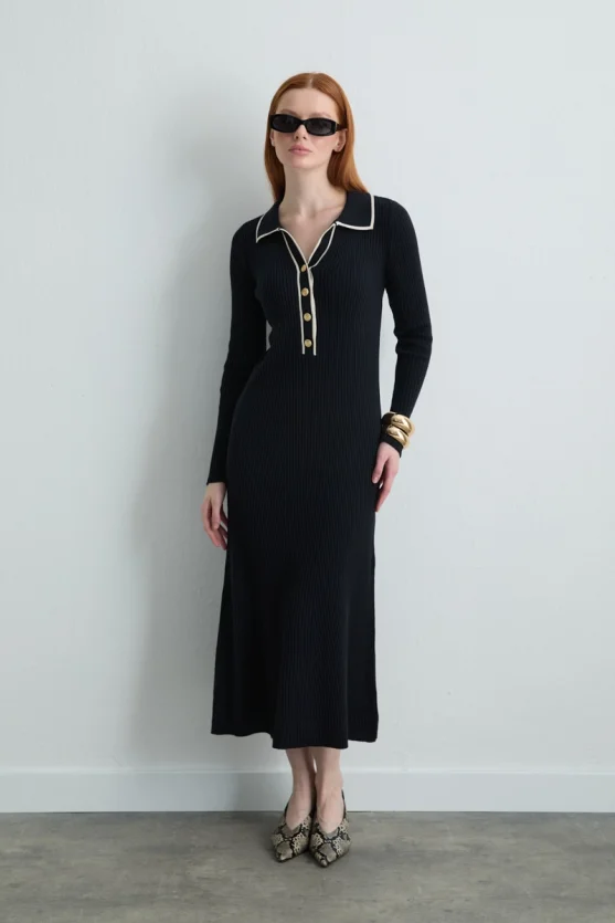 Button Detail Polo Neck Knit Dress Navy Blue - Gusto