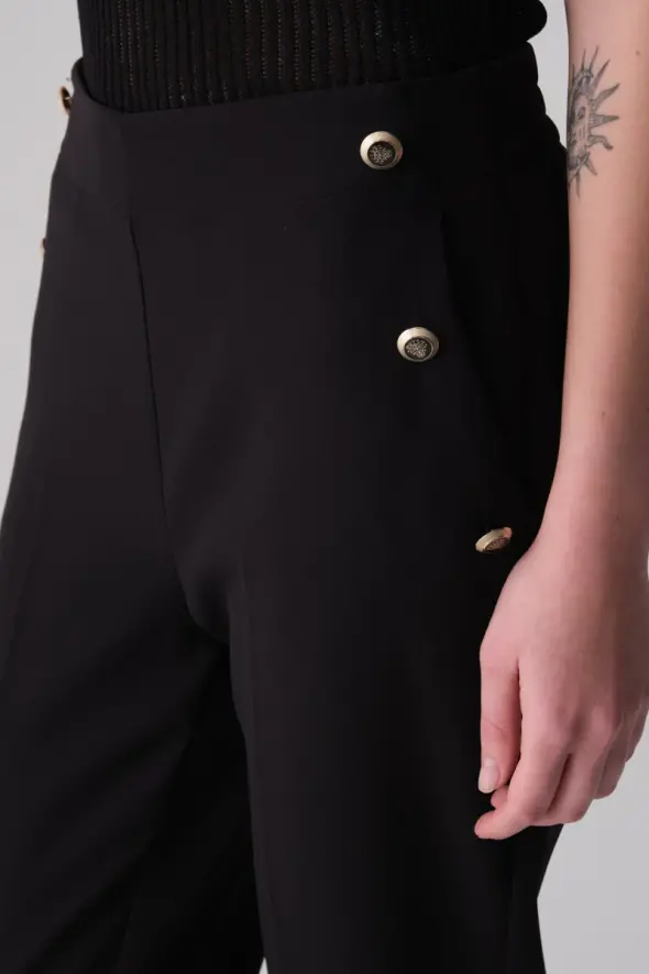 Button Detailed Elastic Back Fabric Pants - Black - 4