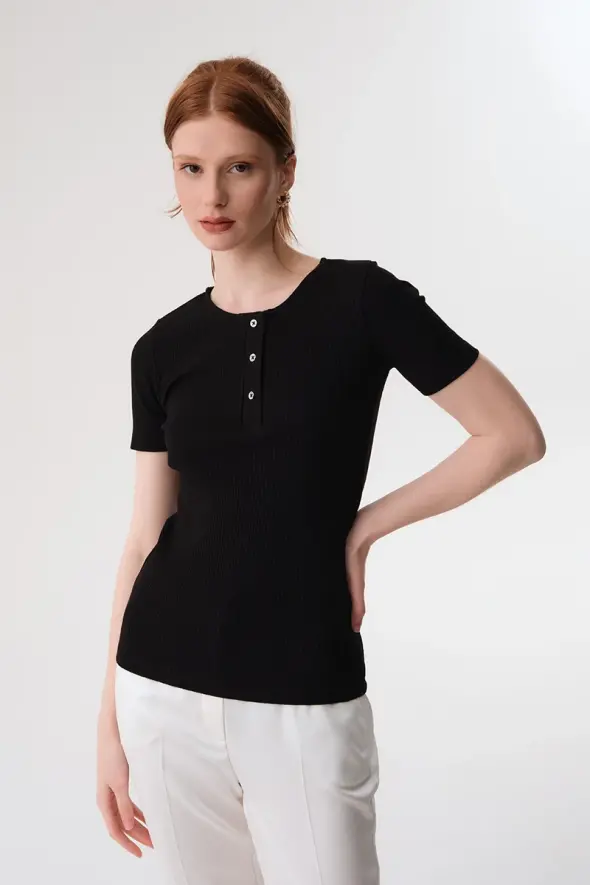 Button Detailed Ribbed Blouse - Black - 1
