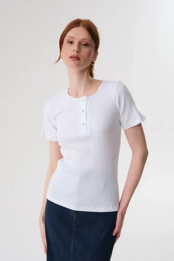 Button Detailed Ribbed Blouse - White - 1