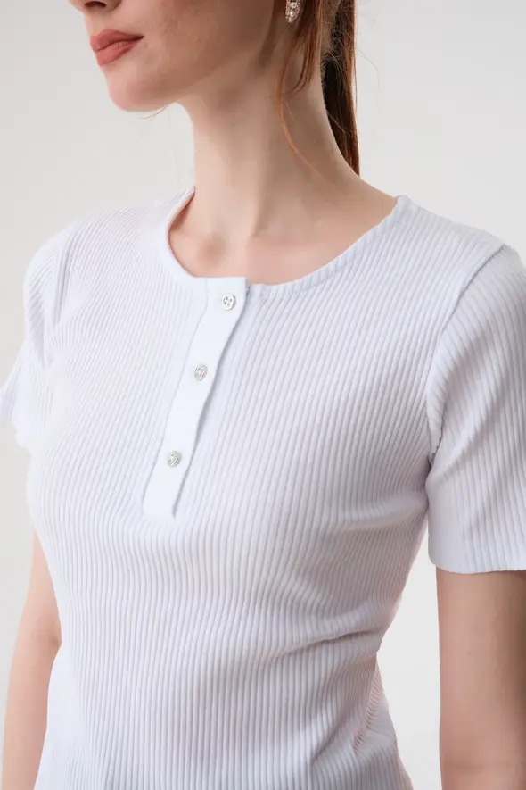 Button Detailed Ribbed Blouse - White - 3