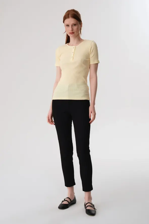 Button Detailed Ribbed Blouse - Yellow - 2