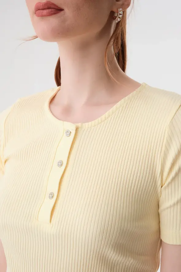 Button Detailed Ribbed Blouse - Yellow - 3