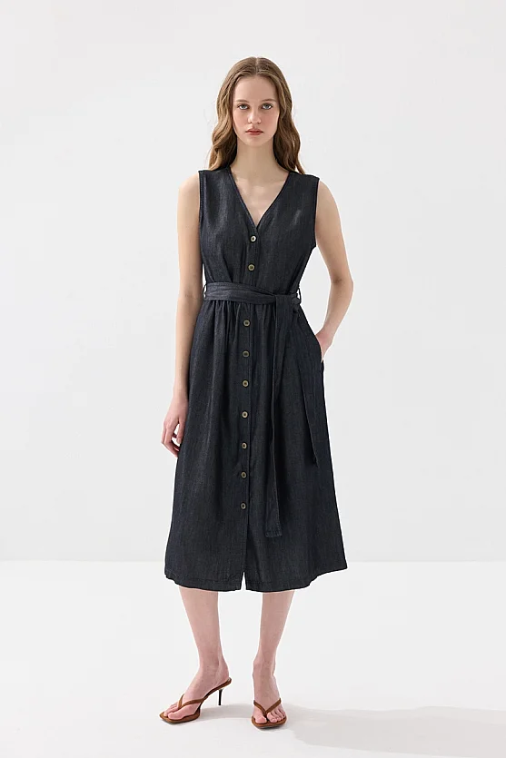 Button Detailed Tencel Denim Dress - Navy Blue - Gusto