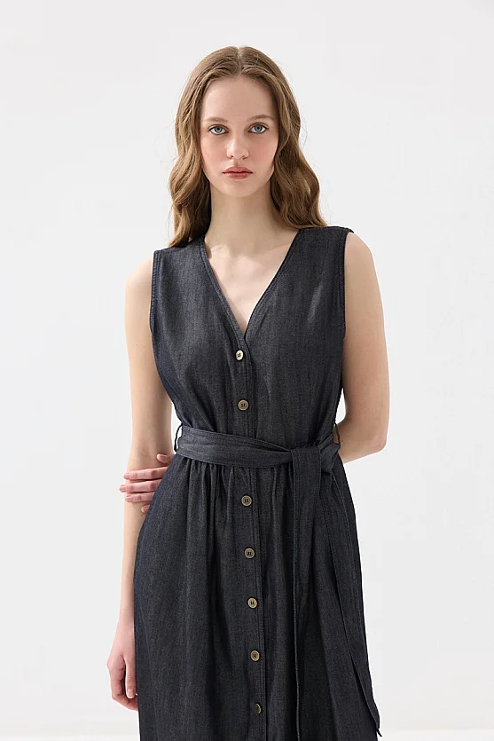 Button Detailed Tencel Denim Dress - Navy Blue - Gusto
