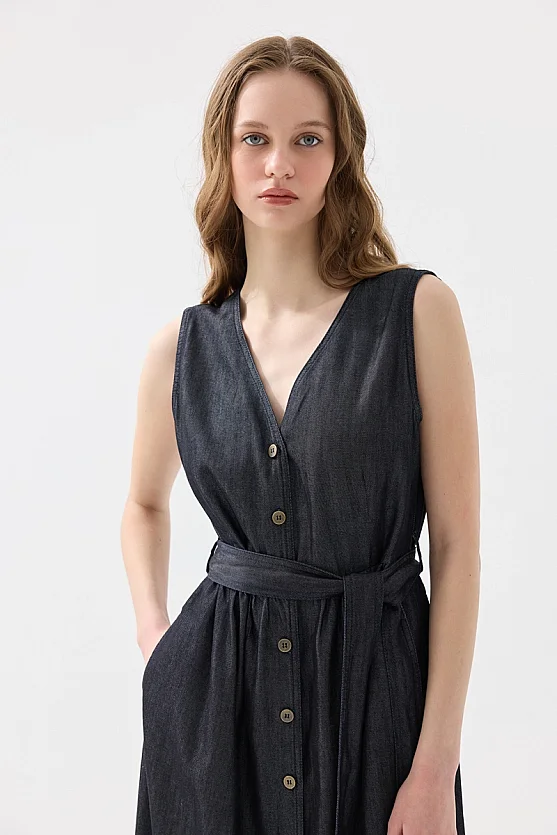 Button Detailed Tencel Denim Dress - Navy Blue - Gusto