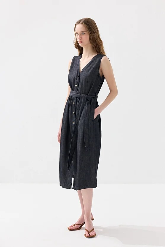 Button Detailed Tencel Denim Dress - Navy Blue - Gusto