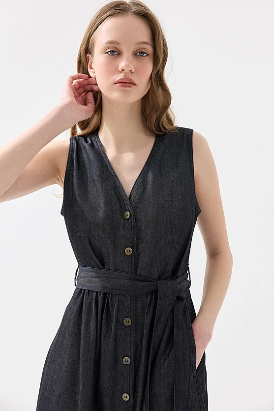 Button Detailed Tencel Denim Dress - Navy Blue - Gusto