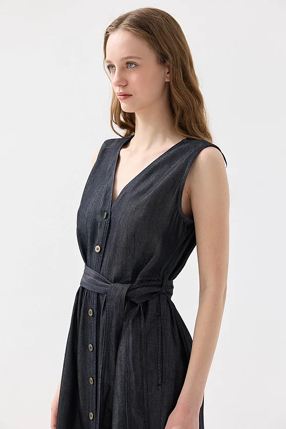 Button Detailed Tencel Denim Dress - Navy Blue - Gusto