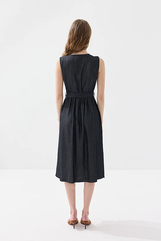 Button Detailed Tencel Denim Dress - Navy Blue - Gusto