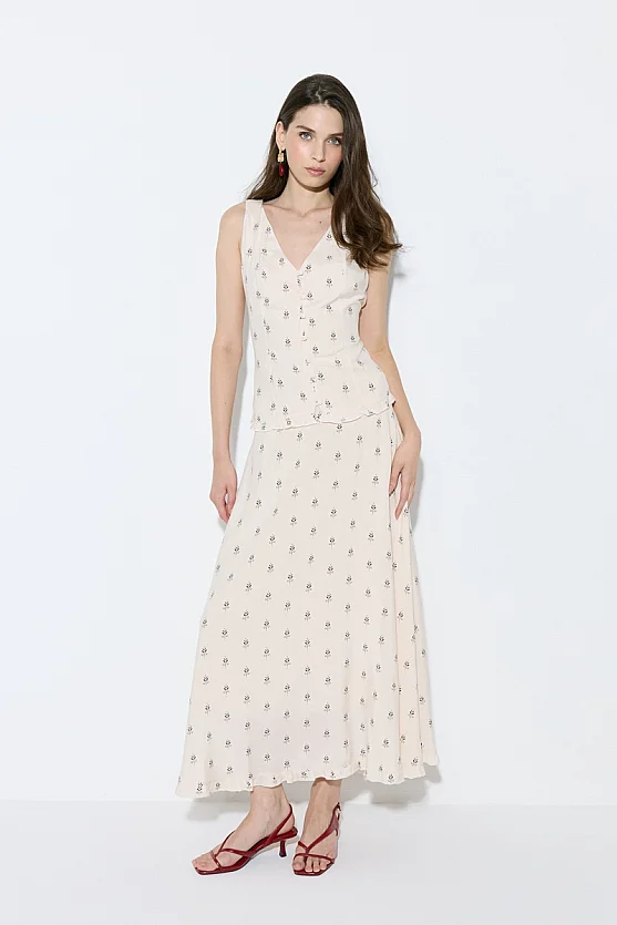 Button-Front Viscose Tank Blouse - Beige - 2