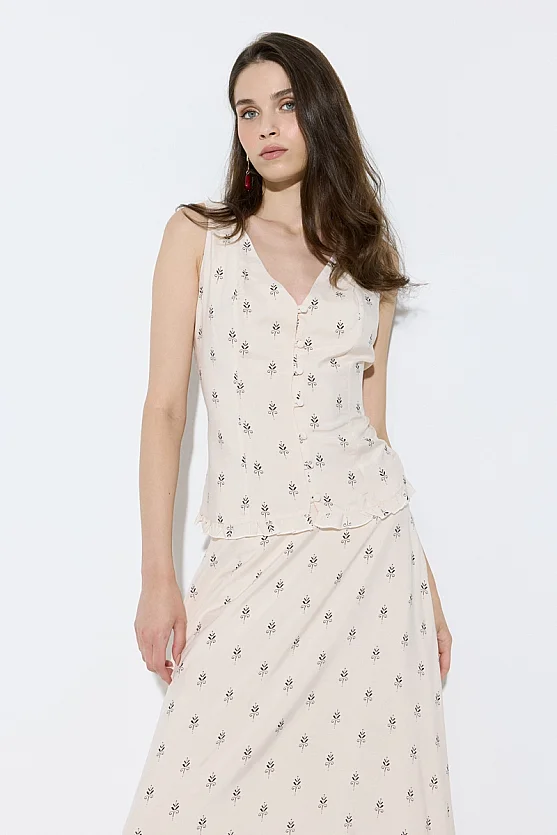 Button-Front Viscose Tank Blouse - Beige - 3