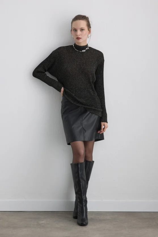 Button-Neck Rayon Knit Blouse - Black - 2