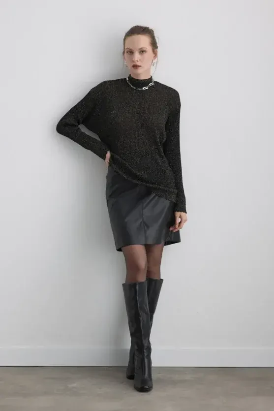 Button-Neck Rayon Knit Blouse - Black - Gusto