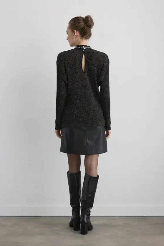 Button-Neck Rayon Knit Blouse - Black - Gusto