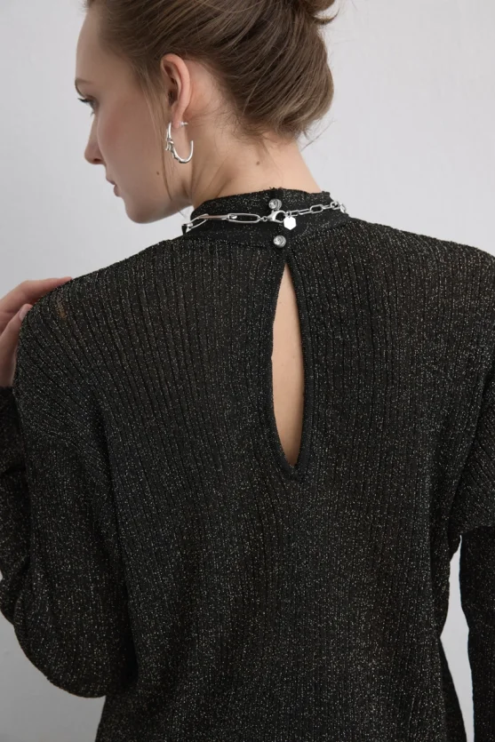 Button Neck Rayon Knit Blouse Black - Gusto