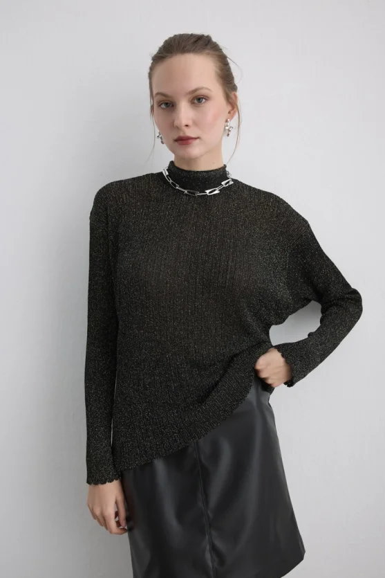 Button Neck Rayon Knit Blouse Black - 1