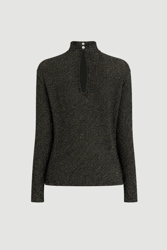 Button Neck Rayon Knit Blouse Black - 7