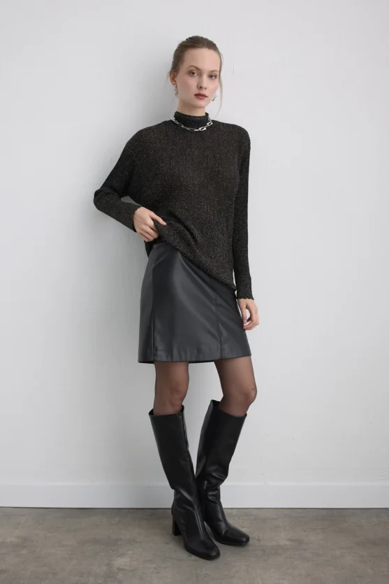 Button Neck Rayon Knit Blouse Black - 3